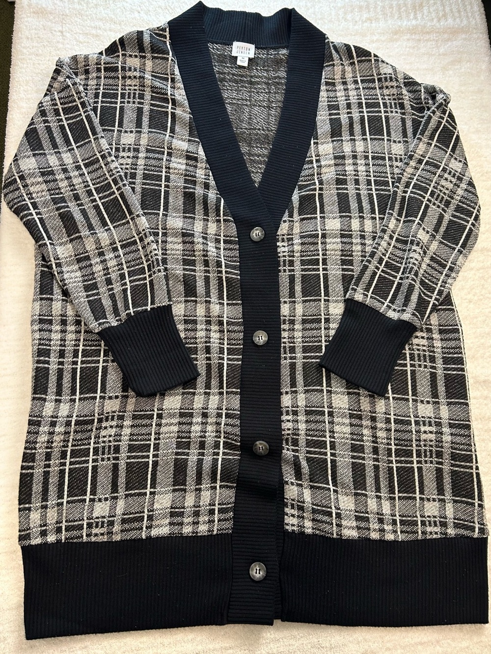 Peyton Jensen Plaid Cardigan Black White Button Front Size M